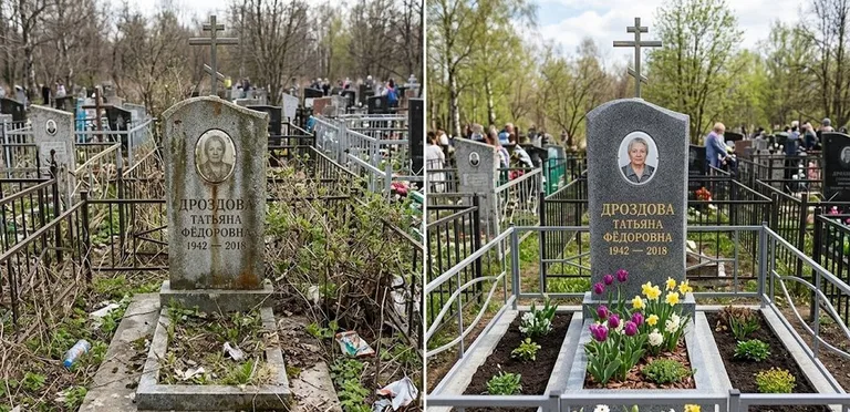 Диптих №4: свежепокрашенная серебром оградка и отмытый красный гранит — до и после в Липецке