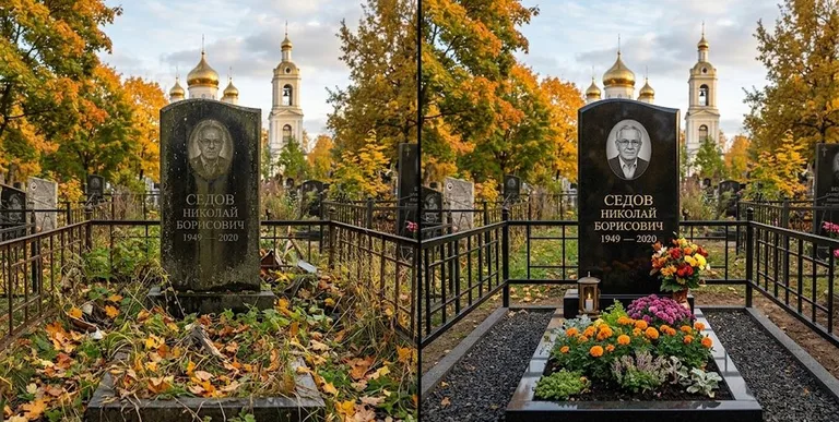 Уборка могилы до и после осенью — у церкви в Липецке