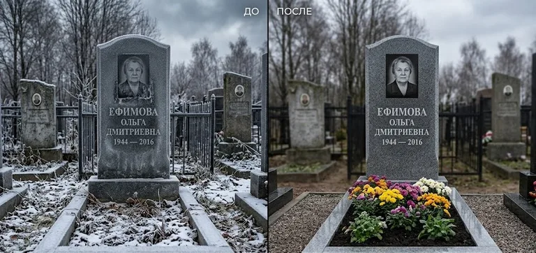 Диптих №11: участок с низкой металлической оградкой — помыты прутья и памятник в Липецке