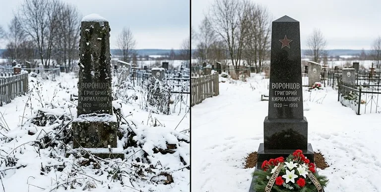 Уборка могилы до и после зимой — воинский обелиск в Липецке