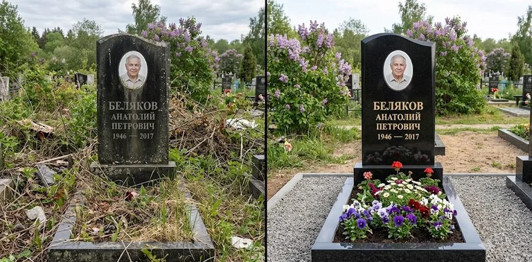 Уборка могилы до и после весной — цветущая сирень в Липецке