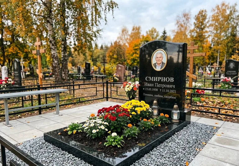 Ухоженная могила после уборки и мойки памятника в Липецке