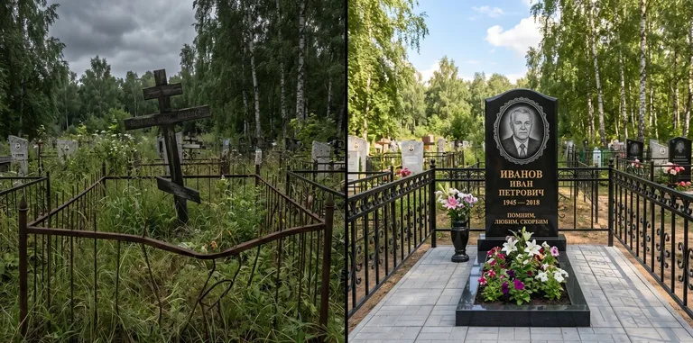 Благоустройство могилы до и после установки памятника в Липецке