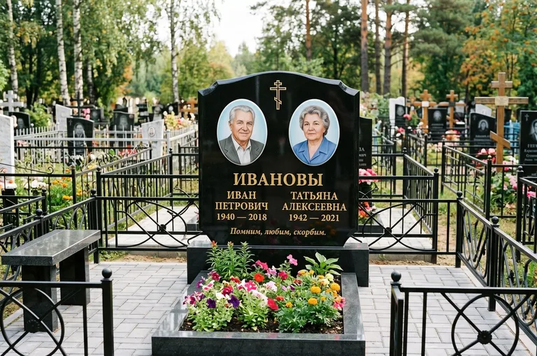 Установка памятника на бетонное основание с цоколем и цветником в Липецке