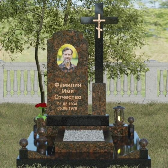 Гранитный православный памятник с крестом в Уфе, гранит Дымовский, вид 2