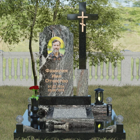 Гранитный православный памятник с крестом в Уфе, гранит амфиболит, вид 2