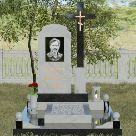 Гранитный православный памятник с крестом в Уфе, мрамор Тассос, вид 2