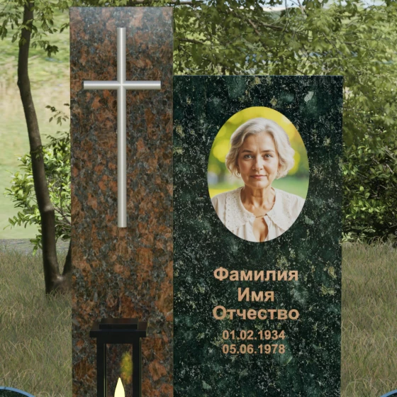 Комбинированный православный памятник с крестом в Казани, гранит Балтик грин