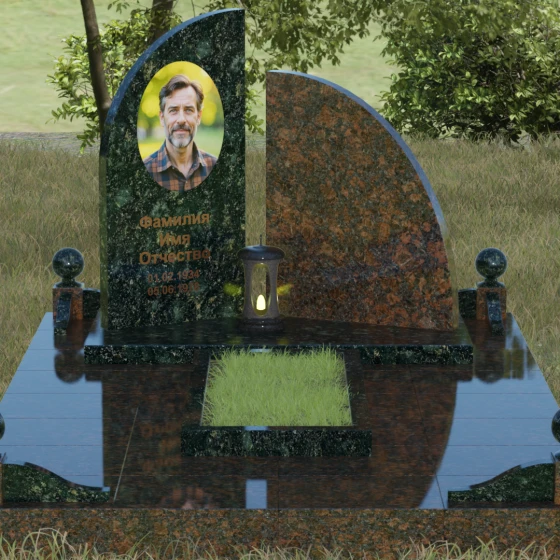 Светский вертикальный комбинированный памятник в Набережных Челнах, гранит Балтик грин, вид 2