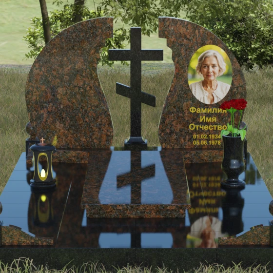 Православный гранитный памятник с крестом в Перми, гранит Дымовский, вид 2