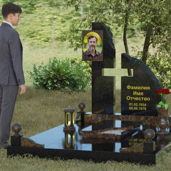 Комбинированный православный памятник с крестом в Перми, гранит Дымовский, вид 4