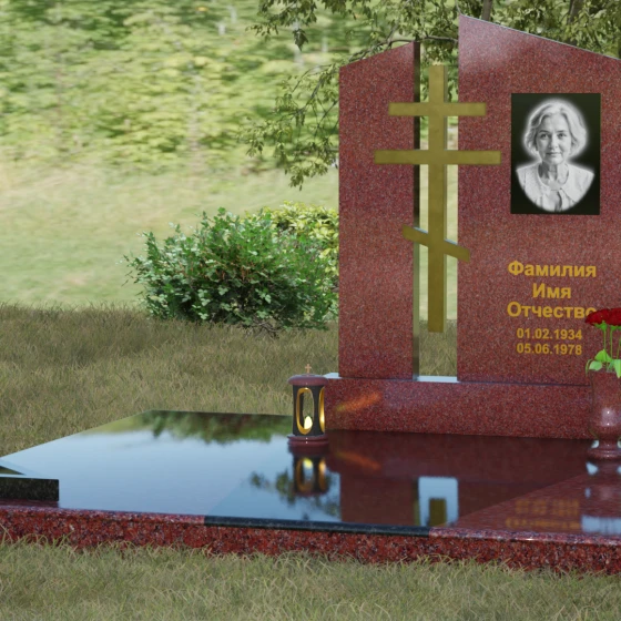 Православный комбинированный памятник с крестом в Сочи, гранит Лезниковский, вид 4