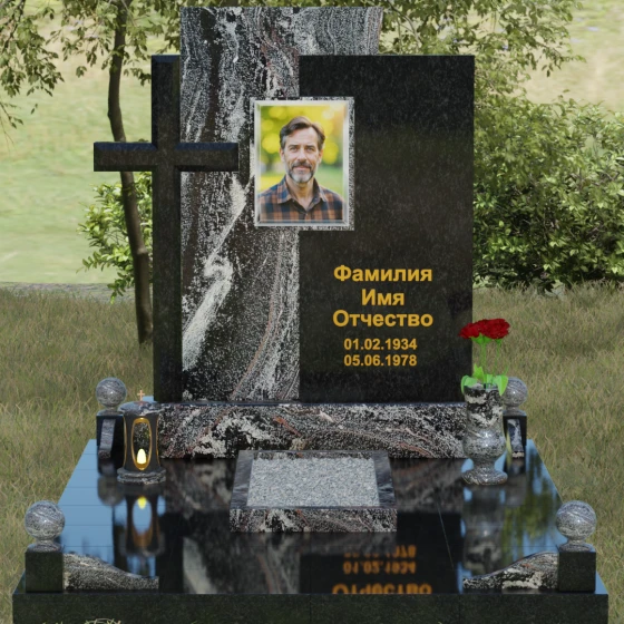 Православный комбинированный памятник в Тюмени, гранит амфиболит, вид 2