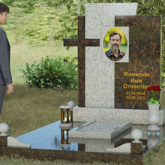 Православный комбинированный памятник в Тюмени, гранит Мансуровский, вид 4