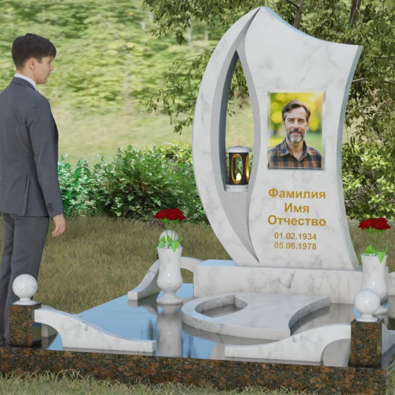 Вертикальный гранитный памятник светский в Красноярске, мрамор Тассос, вид 4
