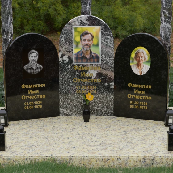 Комбинированный памятник на троих вертикальный в Казани, гранит амфиболит