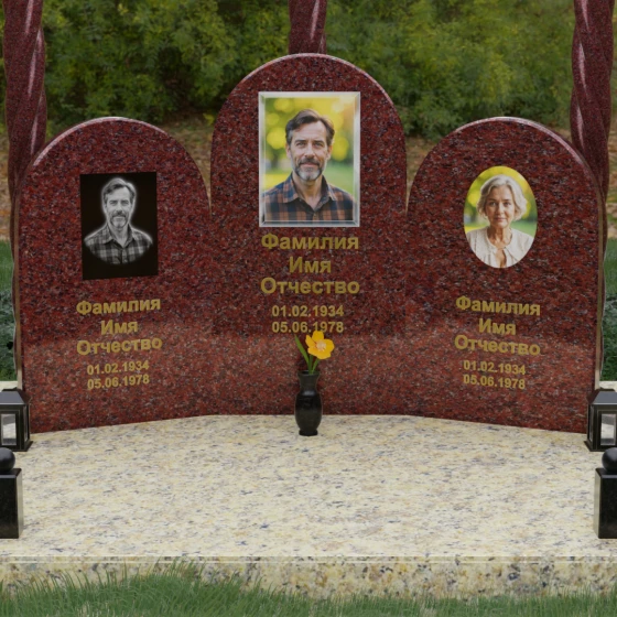 Комбинированный памятник на троих вертикальный в Казани, гранит Лезниковский