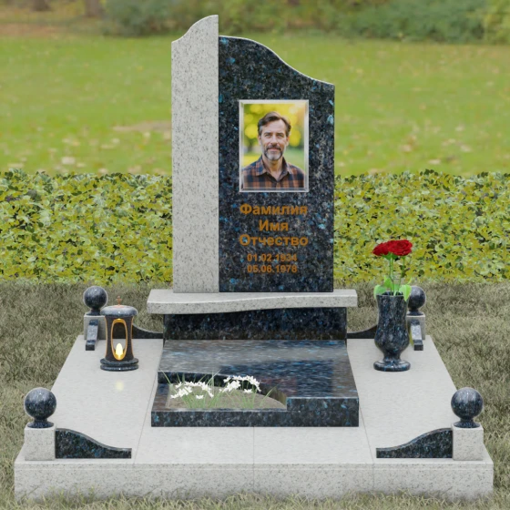 Комбинированный светский памятник в Воронеже, гранит Блю Перл, вид 2