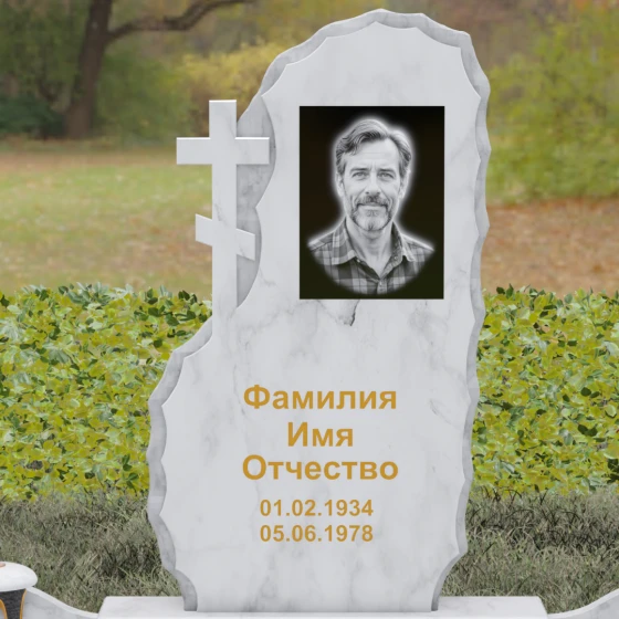 Гранитный православный памятник с крестом в Уфе, мрамор Тассос