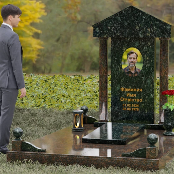 Вертикальный светский комбинированный памятник в Перми, гранит Балтик грин, вид 4