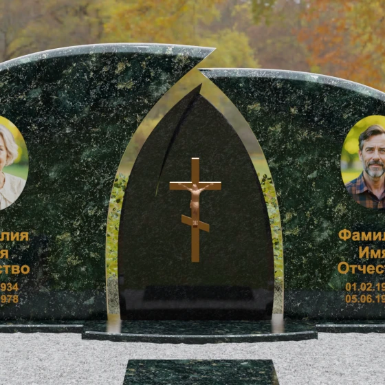 Комбинированный двойной памятник с аркой и крестом, гранит Балтик грин, в Санкт-Петербурге