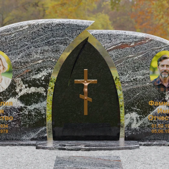 Комбинированный двойной памятник с аркой и крестом, гранит амфиболит, в Санкт-Петербурге