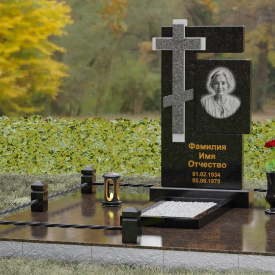 Православный вертикальный комбинированный памятник в Перми, гранит Габбро-диабаз, вид 4