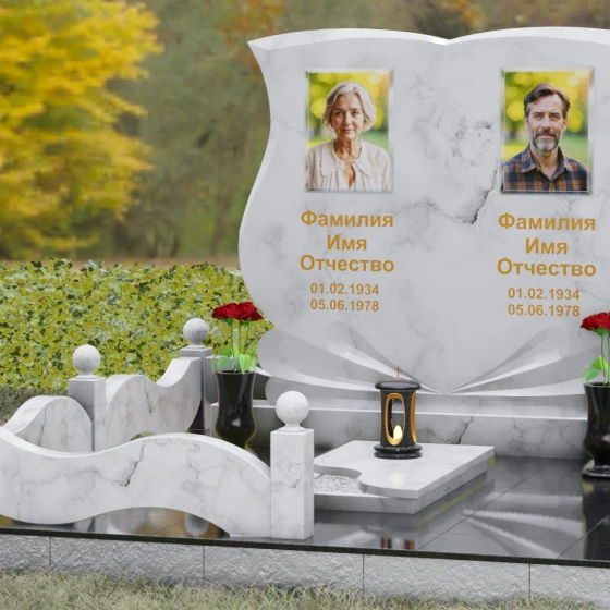 Горизонтальный гранитный памятник на двоих в Магнитогорске, мрамор Тассос, вид 4