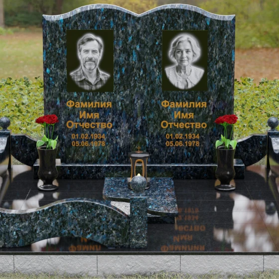Гранитный горизонтальный памятник на двоих в Саратове, гранит Блю Перл, вид 2