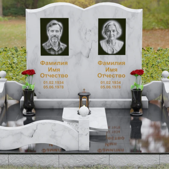 Гранитный горизонтальный памятник на двоих в Саратове, мрамор Тассос, вид 2