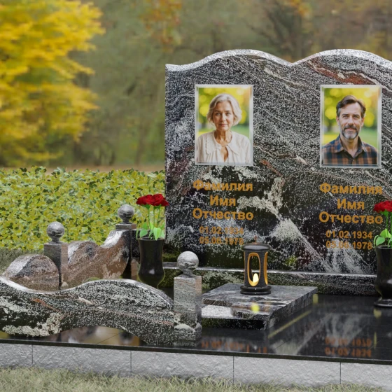 Гранитный горизонтальный памятник на двоих в Саратове, гранит амфиболит, вид 4