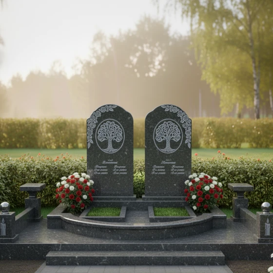 Гранитный вертикальный памятник для двух человек в Казани, гранит Габбро-диабаз