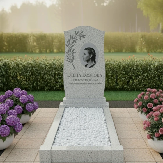 Памятник-волна с гравировкой ветви, гранит Мансуровский
