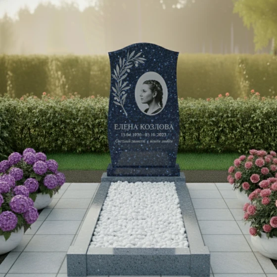 Памятник-волна с гравировкой ветви, гранит Блю Перл