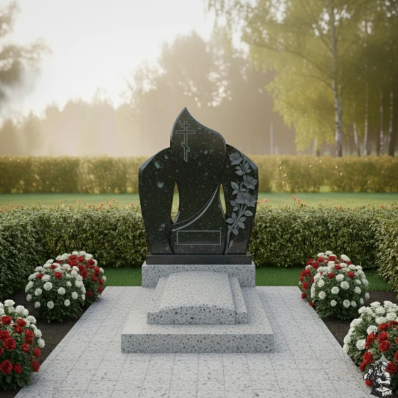 Гранитный православный памятник с крестом в Казани, гранит Балтик грин