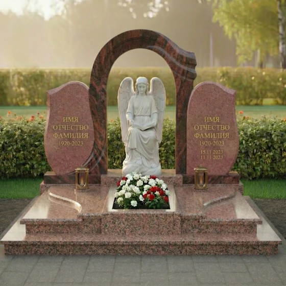 Элитный вертикальный памятник на двоих в Казани, гранит Лезниковский