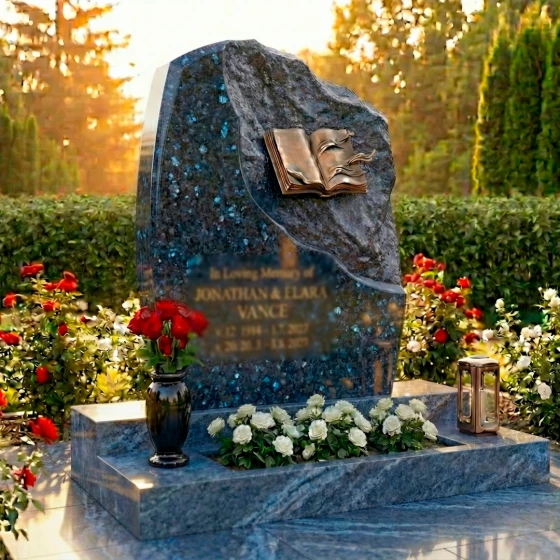 Элитный комбинированный памятник на двоих в Оренбурге, гранит Блю Перл