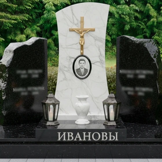 Гранитный вертикальный православный мемориал для двоих в Перми, мрамор Тассос