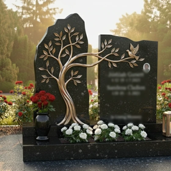 Гранитный памятник с бронзовым древом и голубем, гранит Габбро-диабаз, в Москве