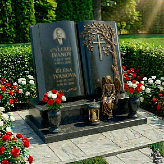 Элитный гранитный памятник с православным крестом для двоих в Казани, гранит Габбро-диабаз