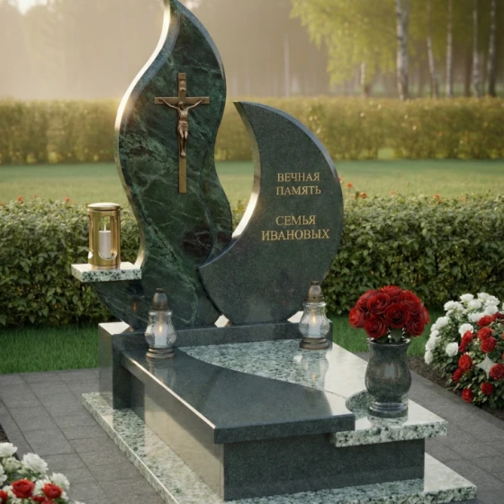 Гранитный православный памятник с крестом в Самаре, гранит Балтик грин