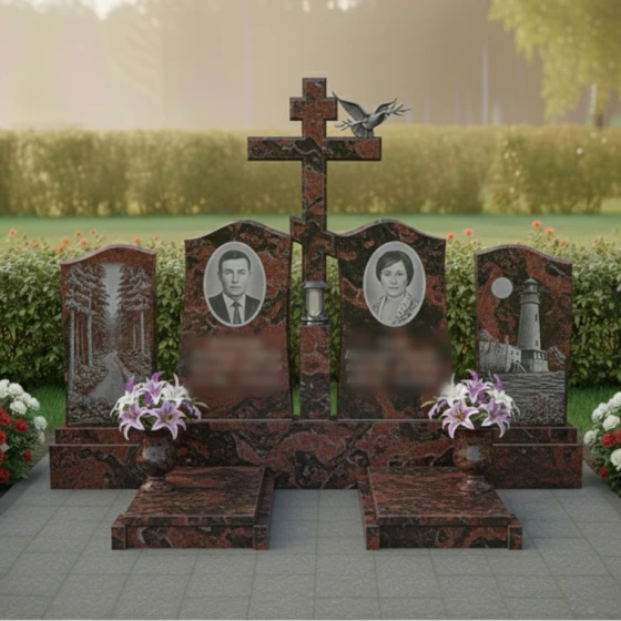 Элитный гранитный православный памятник для двоих в Тольятти, гранит Лезниковский