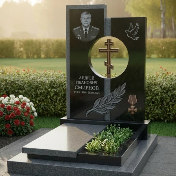 Вертикальный элитный гранитный памятник в Кемерово, гранит Габбро-диабаз