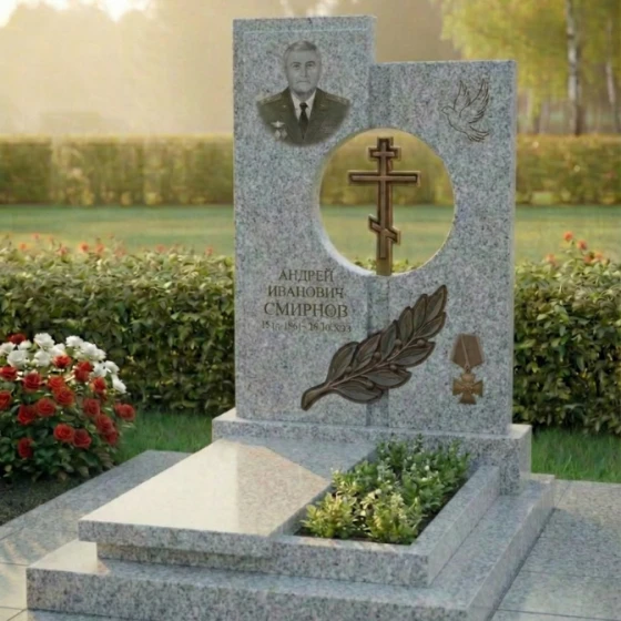 Вертикальный элитный гранитный памятник в Кемерово, гранит Мансуровский