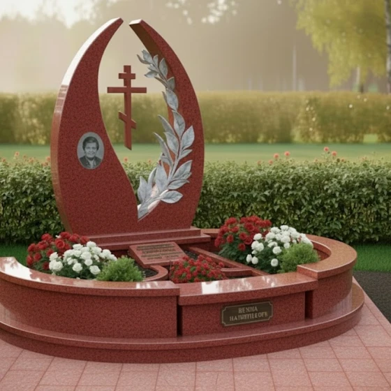 Элитный Гранитный памятник с крестом православный в Уфе, гранит Лезниковский