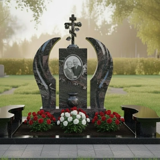 Гранитный памятник для двоих с крестом в Набережных Челнах, гранит амфиболит