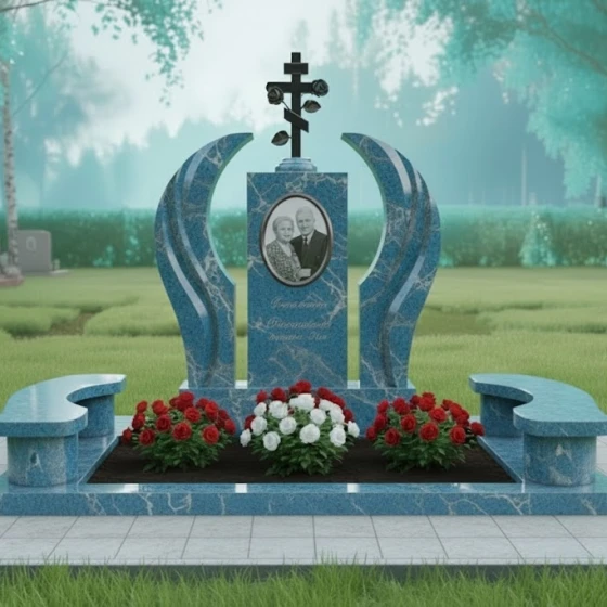 Гранитный памятник для двоих с крестом в Набережных Челнах, гранит Блю Перл