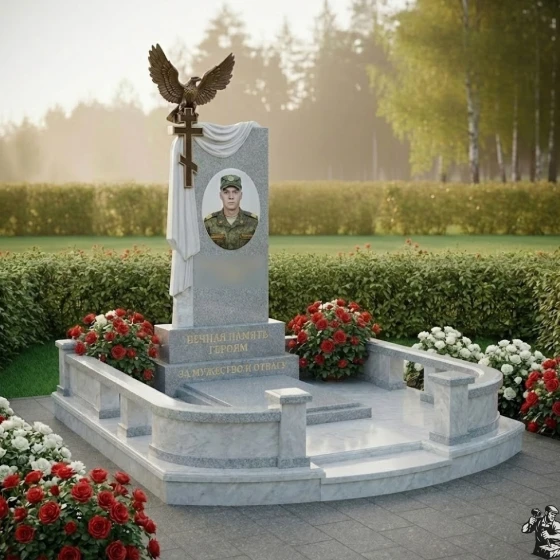 Православный Гранитный памятник с крестом в Оренбурге, гранит Мансуровский