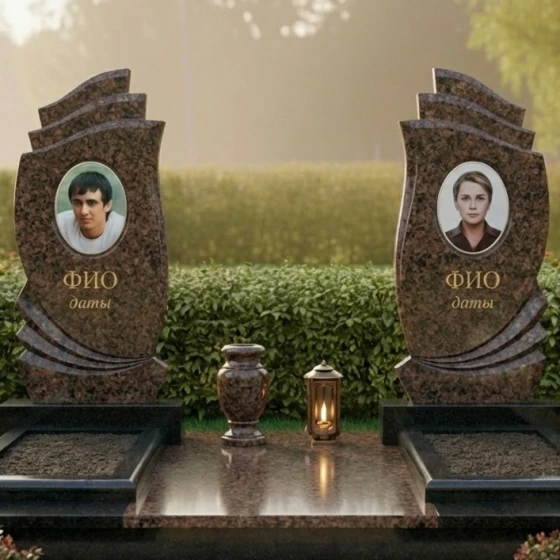Элитный двойной гранитный памятник вертикальный в Казани, гранит Дымовский