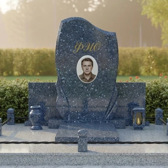 Светский вертикальный памятник с комплексом в Перми, гранит Блю Перл